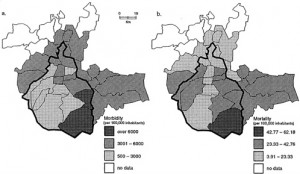 Morbidity (a) and mortality rates (b) due to acute diarrhea in the general population by county in the Mexico City Metropolitan Area.By sanitary jurisdiction
