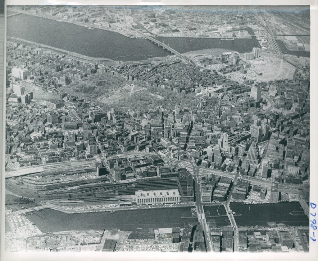 Boston's West End can be seen in the top right as a large open space, after the demolition of its structures and relocation of its residents (Boston Redevelopment Authority, 1960).