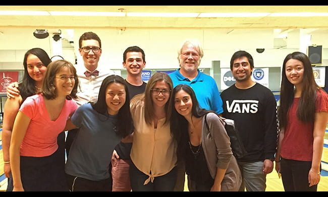 Group photo of lab members and David Smith, PhD at a bowling outing in 2016.