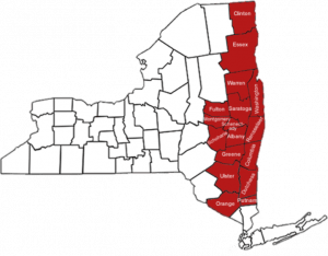 Map of New York State with the 17 Eastern Counties that ENYCHP covers highlighted in red.