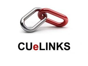 CUeLINKS logo, with text below a chain with red and silver links