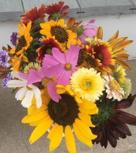 bouquet of yellow, orange, pink, red, purple, and white flowers