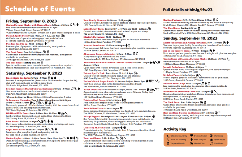 A brochure listing of events over multiple days.