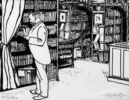 George Lincoln Burr in the A.D. White Library, drawn by Roland Bainton