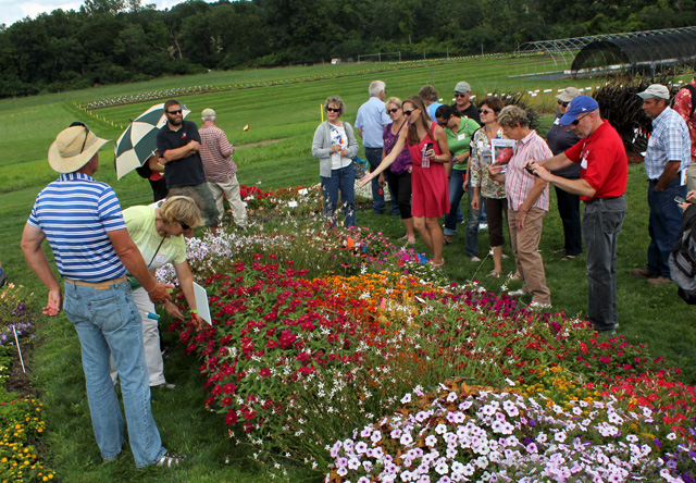 Nora Catlin, floriculture specialist at Cornell Cooperative Extension of Suffolk County, tells participants about her experiences with varieties in the annual flower trials at Bluegrass Lane.
