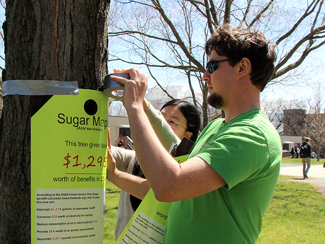 Schwartz-Sax hangs tag on tree showing the value of its ecosystem services on Arbor Day.