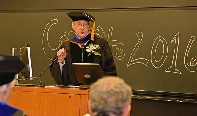 Alan Collmer, director of the School of Integrative Plant Science, welcomes graduates and their families to the Plant Science Recognition Ceremony.