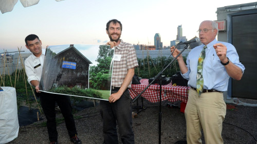 Left to right: Yoshi Harada, PhD Candidate, Graduate Field of Horticulture, Cornell University; Ben Flanner, President & Director of Agriculture, Brooklyn Grange; Thomas Whitlow, Associate Professor, Horticulture Section, Cornell University. (Photo: Diane Bonderaff Photography)