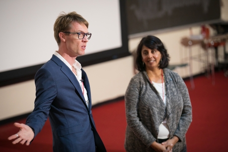 Andrew Chignell, visiting associate professor in the Sage School of Philosophy, left, and Anu Rangarajan, director of the Cornell Small Farms Program, speak at the 2017 President’s Council of Cornell Women Symposium, “Feeding the World Sustainably." (Photo: Chris Kitchen/University Photography)