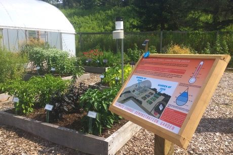 The entrance of the Climate Change Demonstration Garden, located at Pounder Garden at the Cornell Botanic Garden.