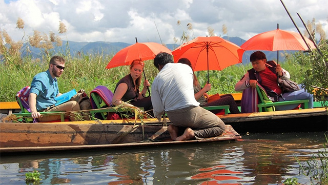 ‘Enchanted Myanmar’ is a trip open to alumni and friends of Cornell that will celebrate 50 years of field-based learning of Cornell’s first and longest-running experiential learning course. Above, students explore the floating gardens at Inle Lake by boat during a trip to Myanmar in January. 