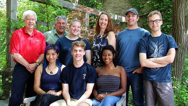 Standing: Steve Reiners (Horticulture Section Chair), Marvin Pritts (Director of Undergraduate Studies for Plant Sciences), Sarah Hetrick '18, Leah Cook (Plant Sciences Major Coordinator), Hauk Boyes '18, and Matthew Siemon '18. Sitting: Sitting: Patricia Chan '18, Benjamin Sword '18, and Cairo Archer '18