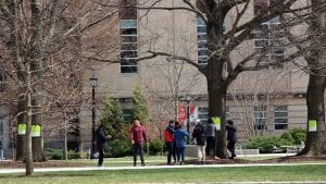 Students tagging oaks in front of Mann Library