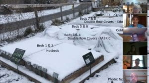 Screen capture of Zoom webinar showing season-extending bed covers.