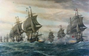 Two fleets in lines of battle, this time at the Battle of the Chesapeake. Courtesy of https://en.wikipedia.org/wiki/Battle_of_the_Chesapeake#/media/File:BattleOfVirginiaCapes.jpg