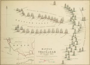 A depiction of Nelson's strategy at the Battle of Trafalgar. Courtesy of https://en.wikipedia.org/wiki/File:Battle_of_Trafalgar,_Plate_1.jpg
