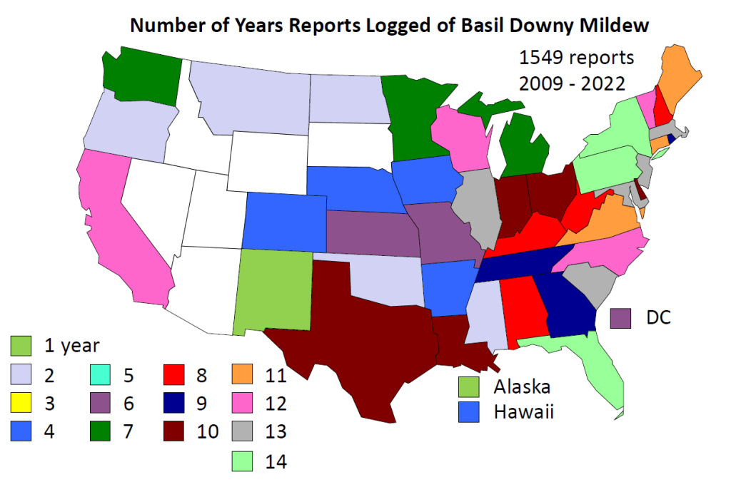 USA map illustrating states in which Basil DM was reported between 2009 and 2022.