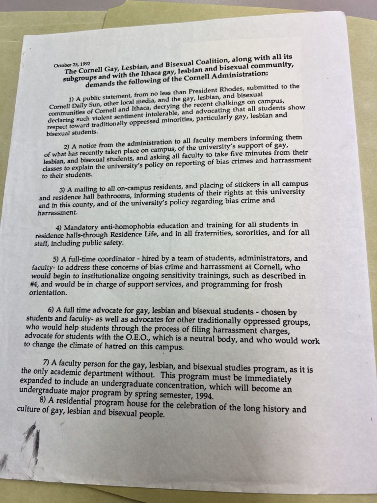 Charter of demands by the Cornell Gay, Lesbian, and Bisexual Coalition to curb the violence against queer community
