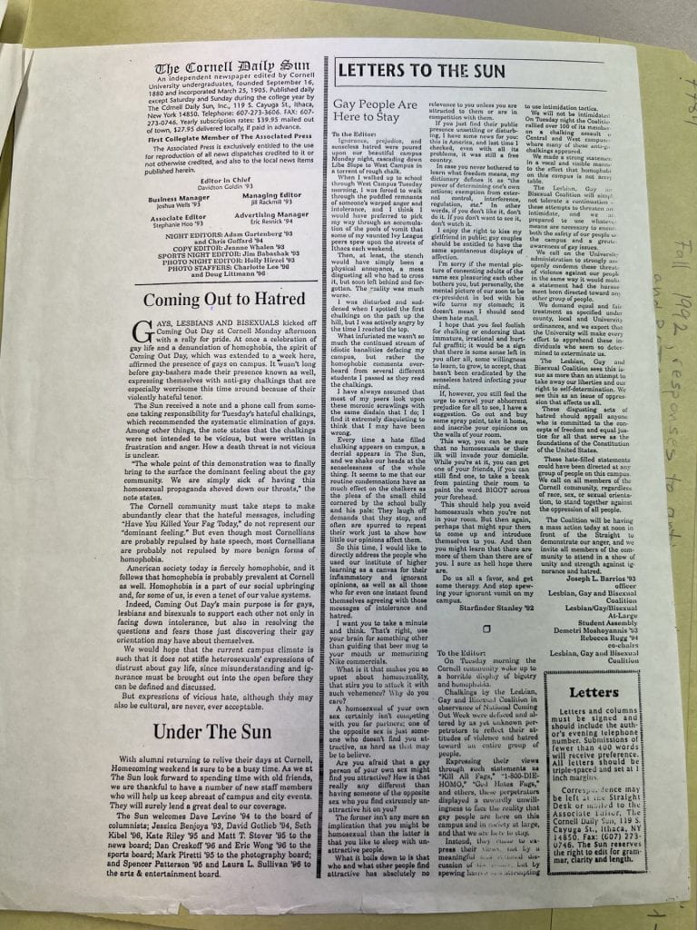 The Cornell Daily Sun articles from 1992: Responses to anti-queer sentiments on campus