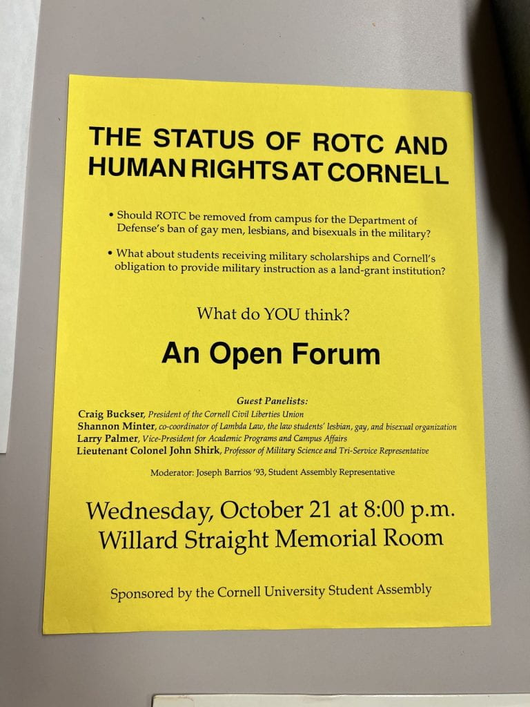 Cornell University Student Assembly Flyer- Open Forum about the Status if ROTC and Human Rights at Cornell