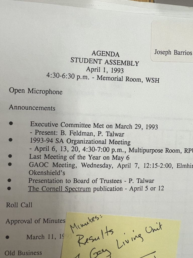 Student Assembly Agenda from April 1993