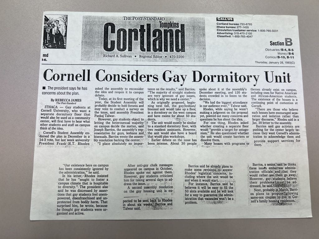Newspaper article from January 1993- Call for consideration for separate dormitory unit for Gay students