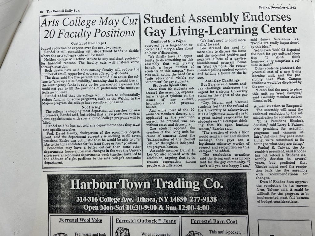 Cornell Daily Sun article from December 1992- Student Assembly endorsing creating of Gay Living-Learning Center (Part 1)