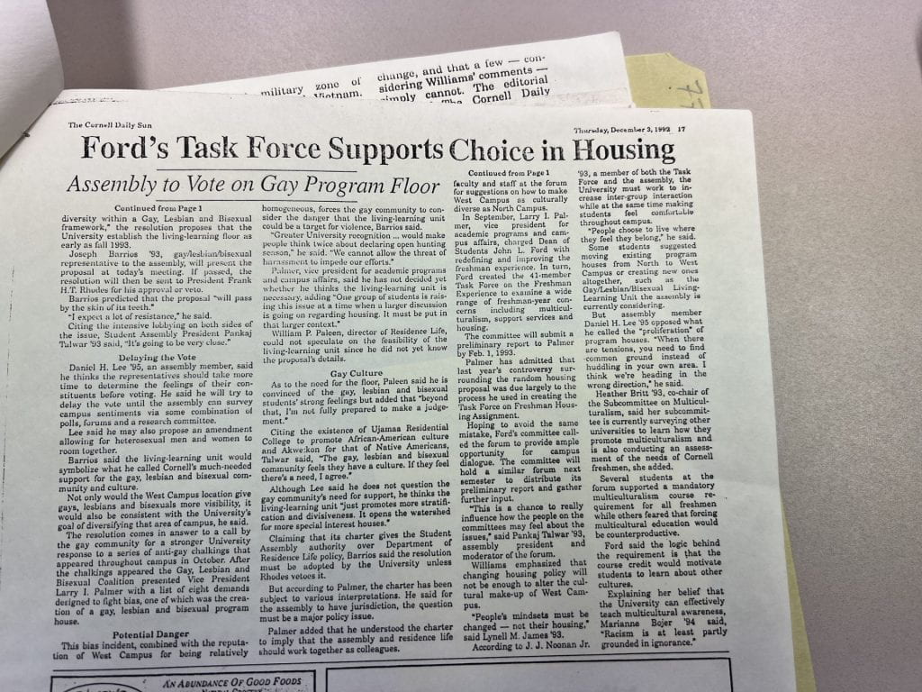 Cornell Daily Sun article from December 1992- Considerations to establish Gay Living Learning Center