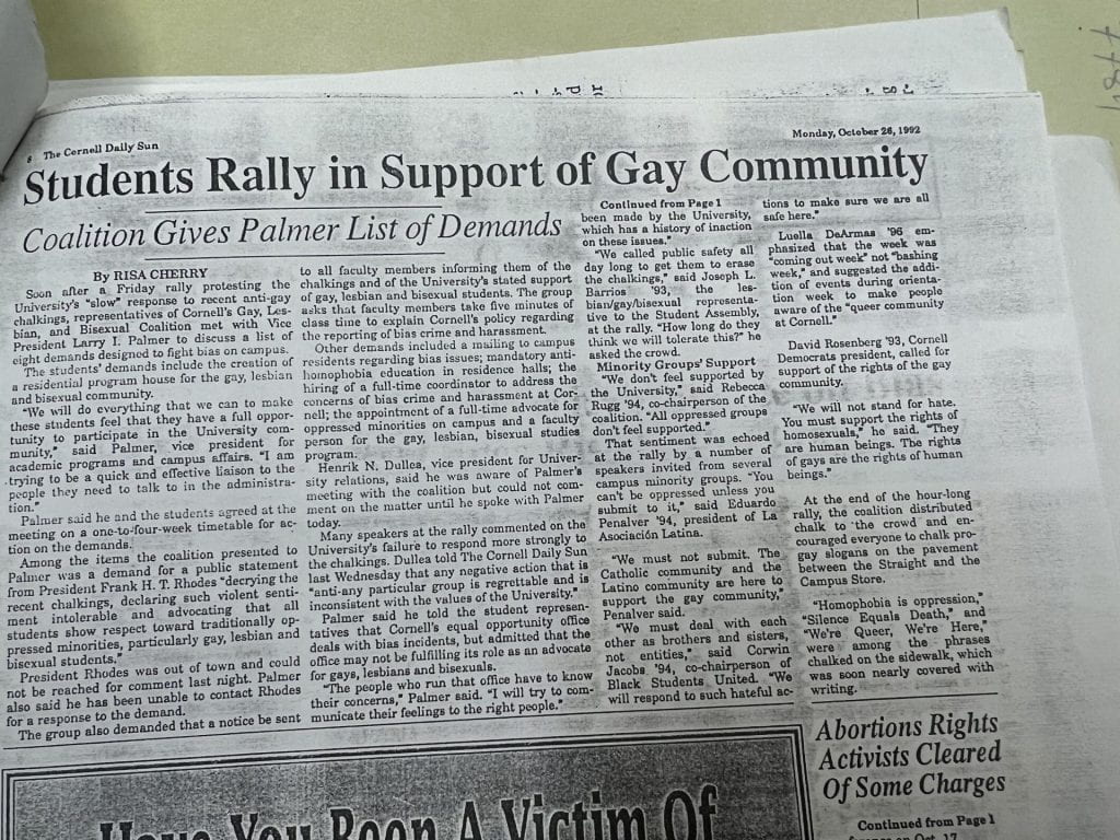 Cornell Daily Sun article from October 1992- Students rallying in support of gay community