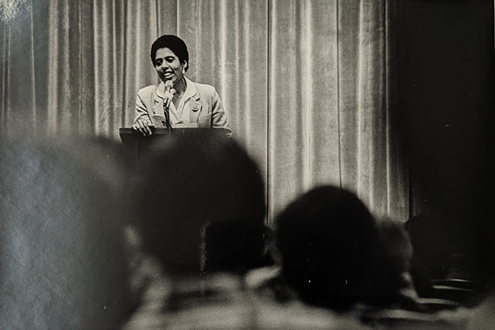 “Barbara Smith–black feminist lesbian, editor of Home Girls–lecturing on gay oppression, February 23, 1984 in Anabel Taylor Hall.” Credit: David Ruether, 1984