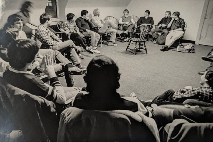 An evening discussion group in Willard Straight Hall. Such discussions are held weekly during the school year. Anyone who wishes to attend is welcome and discussion topics are generally advertised in advance. Credit: David Ruether, 1984