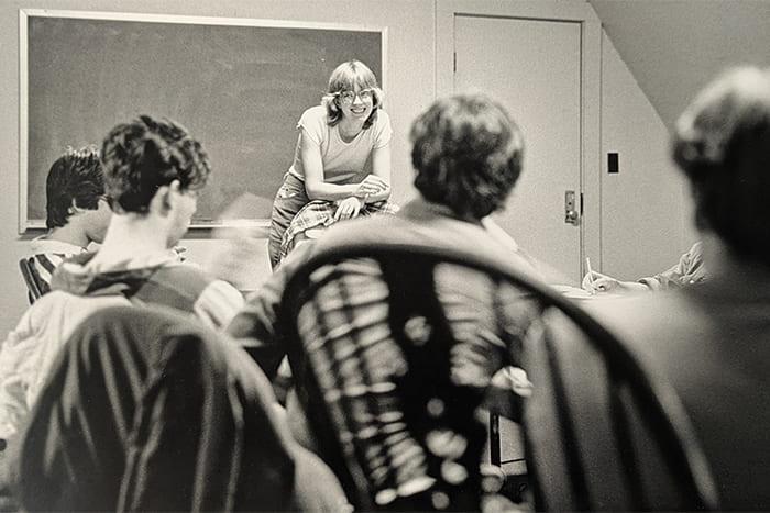 A Zap training session held in Willard Straight Hall, February 11th, 1984. Four people from a roster of trained ‘Zappers’ go on request as a panel before classes, service organizations, churches, dormitory groups, faculty, fraternities, and anyone else who requests a Zap. The ‘Zappers’ serve to foster understanding of gay and lesbian people in the straight community.” Credit: David Ruether, 1984