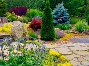 A stone path running through the APline Gardne full of color and texture