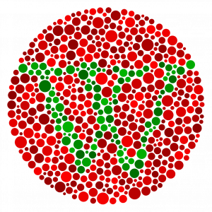 A cirlce filled with dots of varying sizes all in arying shade of red except for the green dots, of varying shades, that form a large 'W' spaning the width of the circle.
