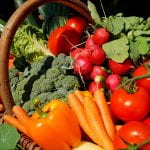 Basket over flowing with vegetables - tomatoes, carrots, peppers, broccoli