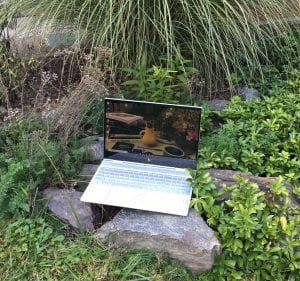Laptop open and on sitting on a rock in the middle of a garden
