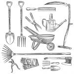 Sketch of several garden tools (i.e. rake, shovel, gloves, watering can, etc.)