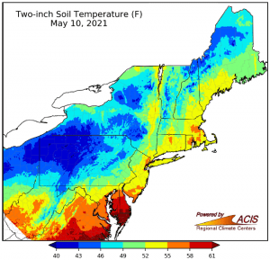Map of the showing soil temperature in the nOrtheastern US on May 10, 2021