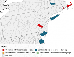 Map of northeastern United States showing new confirmed cases (in past 14 days) of basil downy mildew in eastern Pennsylvania, eastern Massachusetts, and south eastern Rhode Island, and older confirmed cases (over 14 days ago) in Delaware, southern New Jersey, Long Island (NY), and western Massachusetts