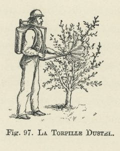Sketch from an old book of a man with a backpack sprayer spray a tree, under sketch are the words Fig. 97 La Torpille Duster.