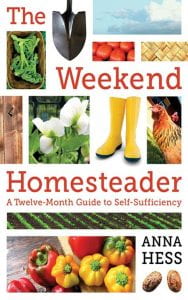Book Cover: The Weekend Homesteader - Grid of gardening photos: pea shoots, rubber boots, chicken, peppers, etc.