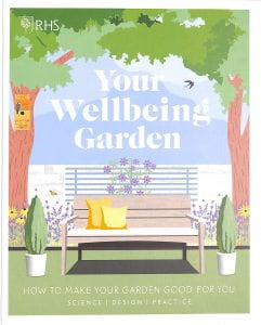 Book Cover: Your Wellbeing Garden - Drawing of garden bench with trees on both sides and a potted flower sitting on it