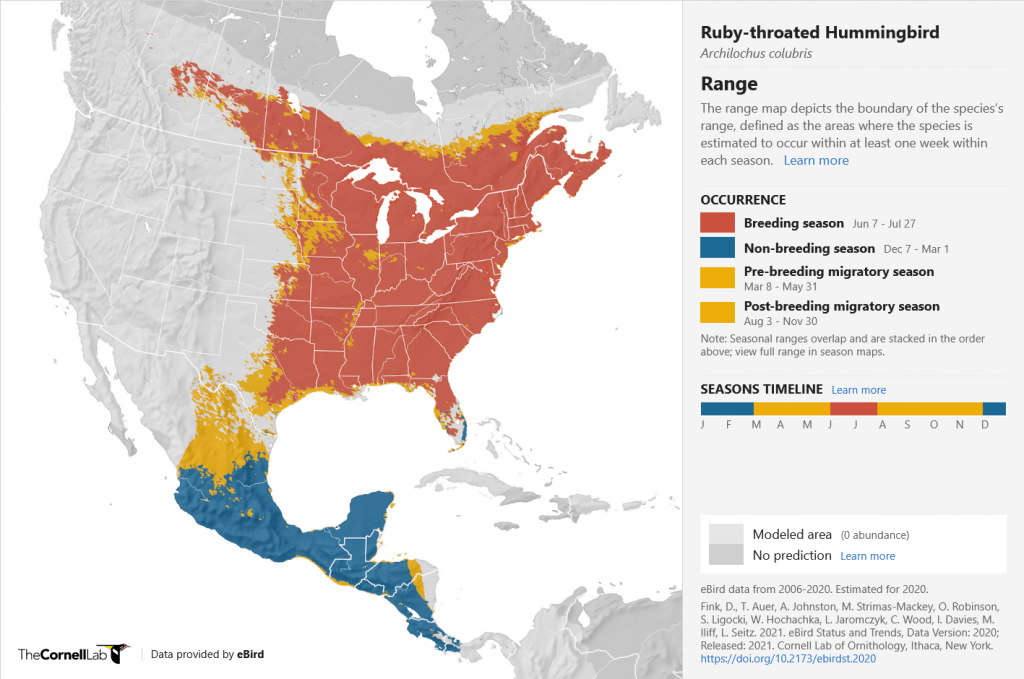 Map showing Ruby-throated Hummingbird Range throughout the year