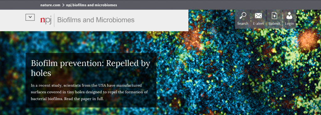 Our study on bacteria-repelling nanostructured surface is featured on the home page of npj Biofilms and Microbiomes