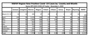 Table showing the number of positive cases in Genesee, Livingston, Monroe, Niagara, Ontario, Orleans, Seneca, Wayne and Wyoming Counties.