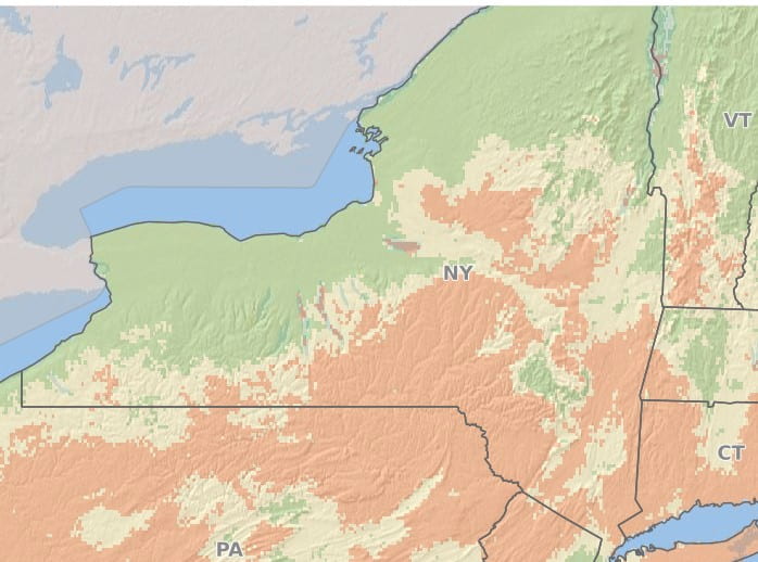 Map of New York State with areas highlighted in green, tan and red.
