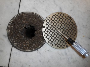 Water cannot penetrate drain grates clogged with dirt and debris. This drain should be cleaned (drain brush or shop vacuum) and flushed with water.