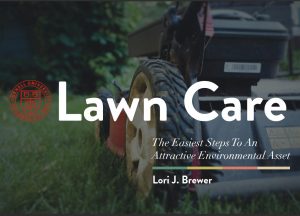 The front page of Lawn Care: The Easiest Steps to an Attractive Environmental Asset by Lori J. Brewer ibook showing the title and a lawn mower