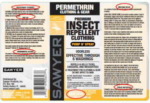 A photo of Sawyer Permthrin Clothing and Gear label is used an example of a clothing spray product endorsed by the EPA. It links to another blog post on permethrin use.