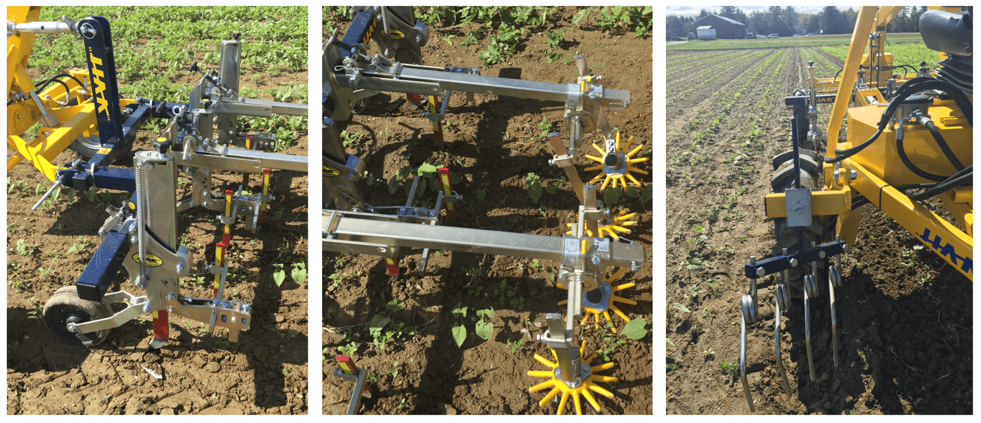 image is three images side by side showing three angles of a cultivator pulled behind the tractor